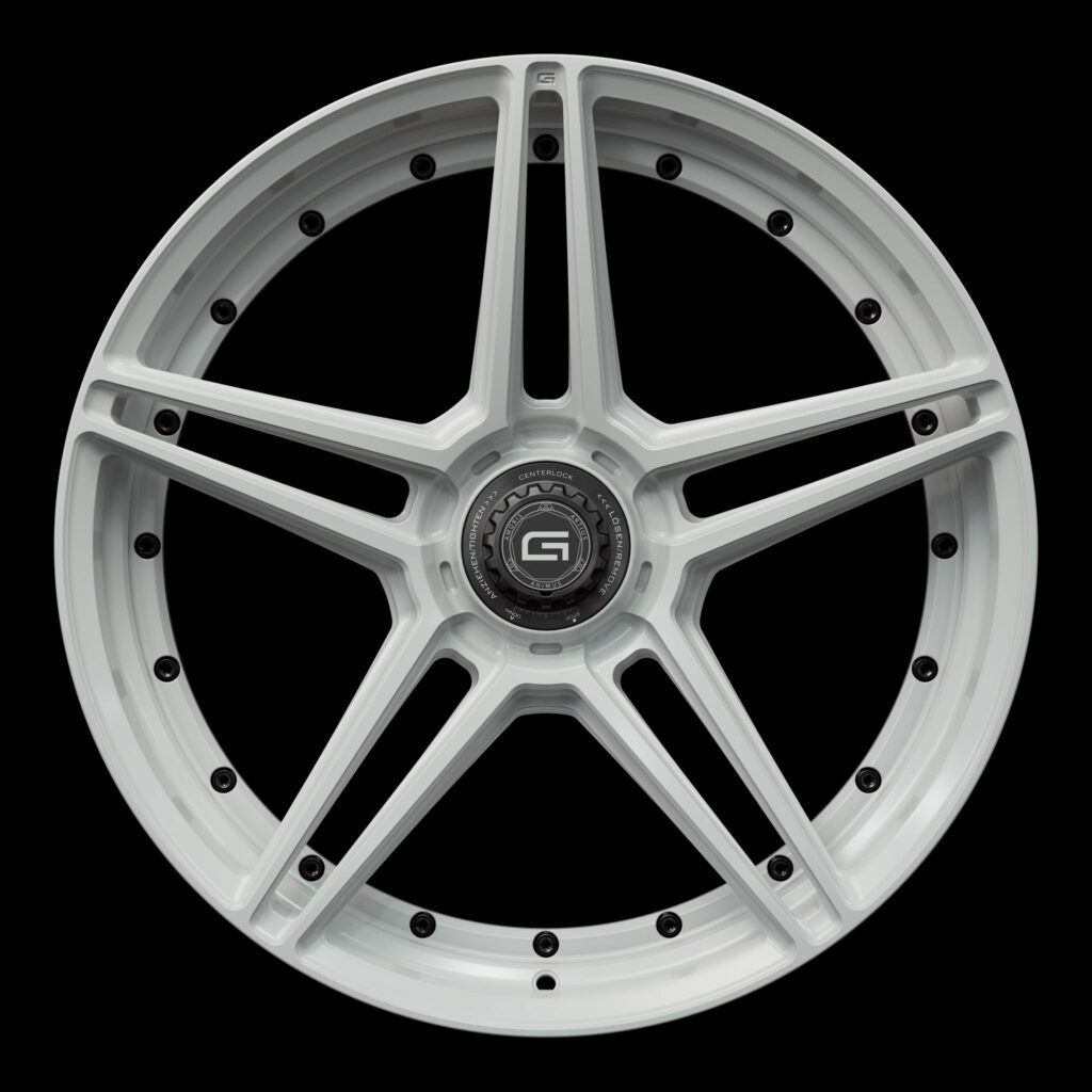 Front view of a white G51 duoblock centerlock wheel from Govad Forged Track series
