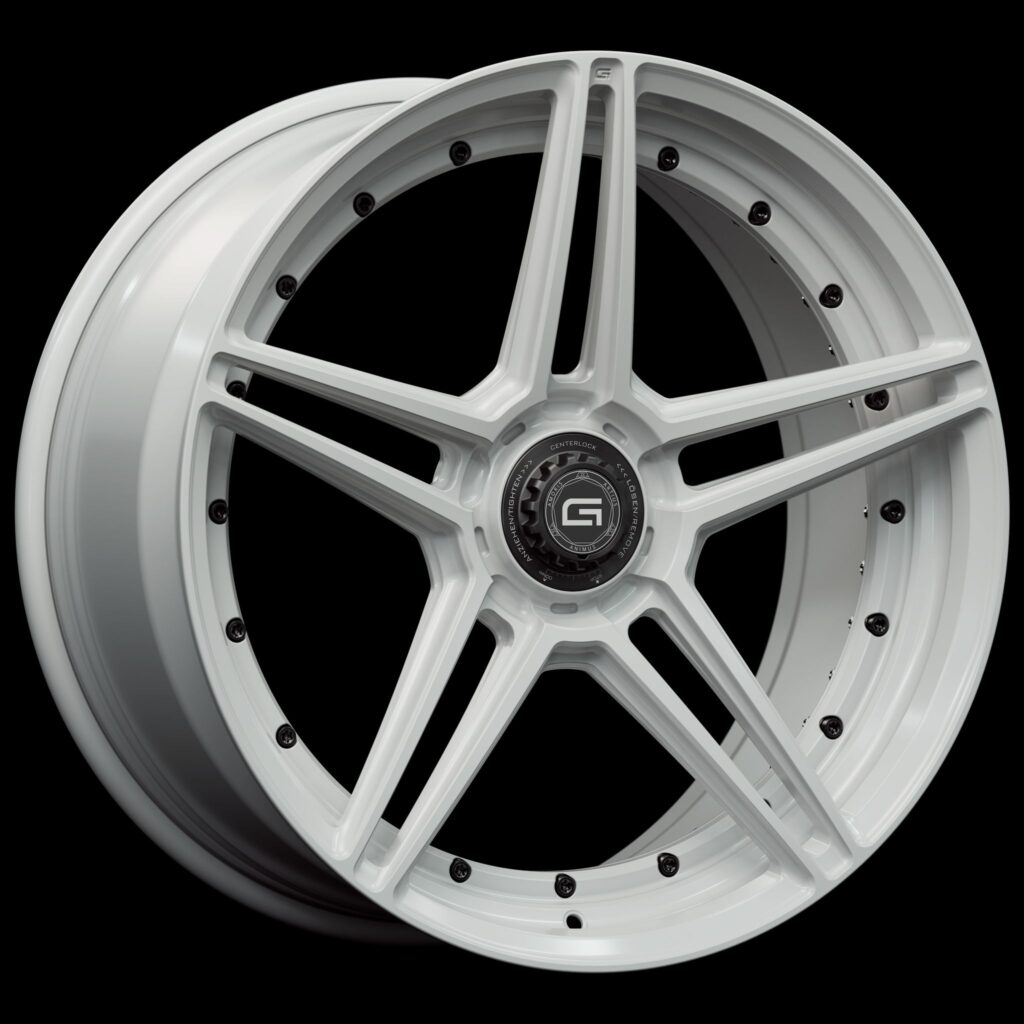 Three-quarter view of a white G51 duoblock centerlock wheel from Govad Forged Track series