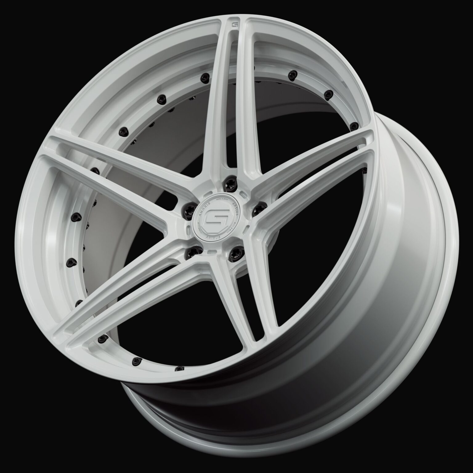 Three-quarter view of a white G51 duoblock wheel from Govad Forged Track series