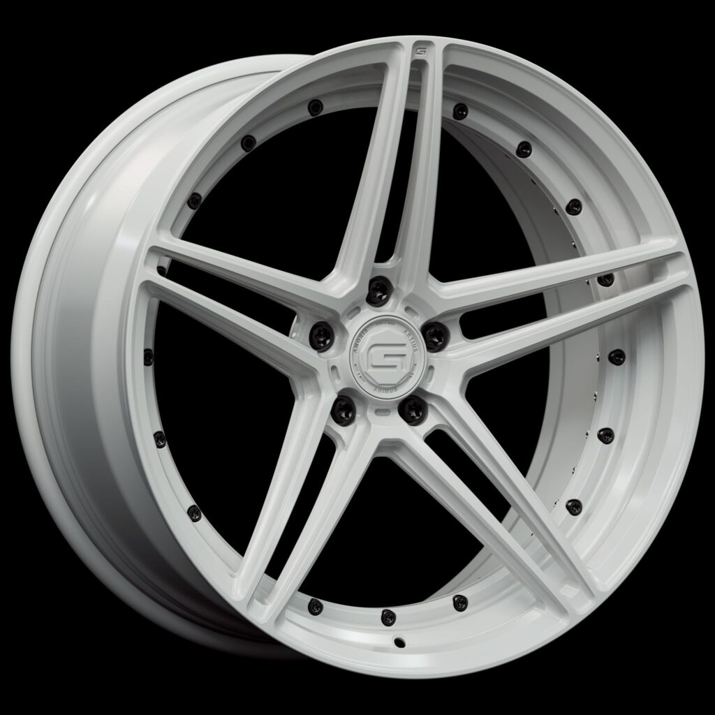 Three-quarter view of a white G51 duoblock wheel from Govad Forged Track series