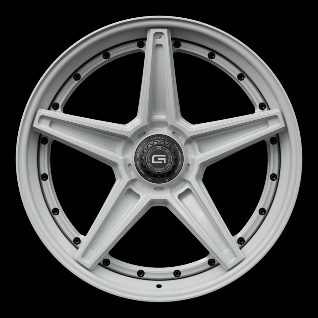 Front view of a white G52 3-piece flaoting spoke centerlock wheel from Govad Forged Track series