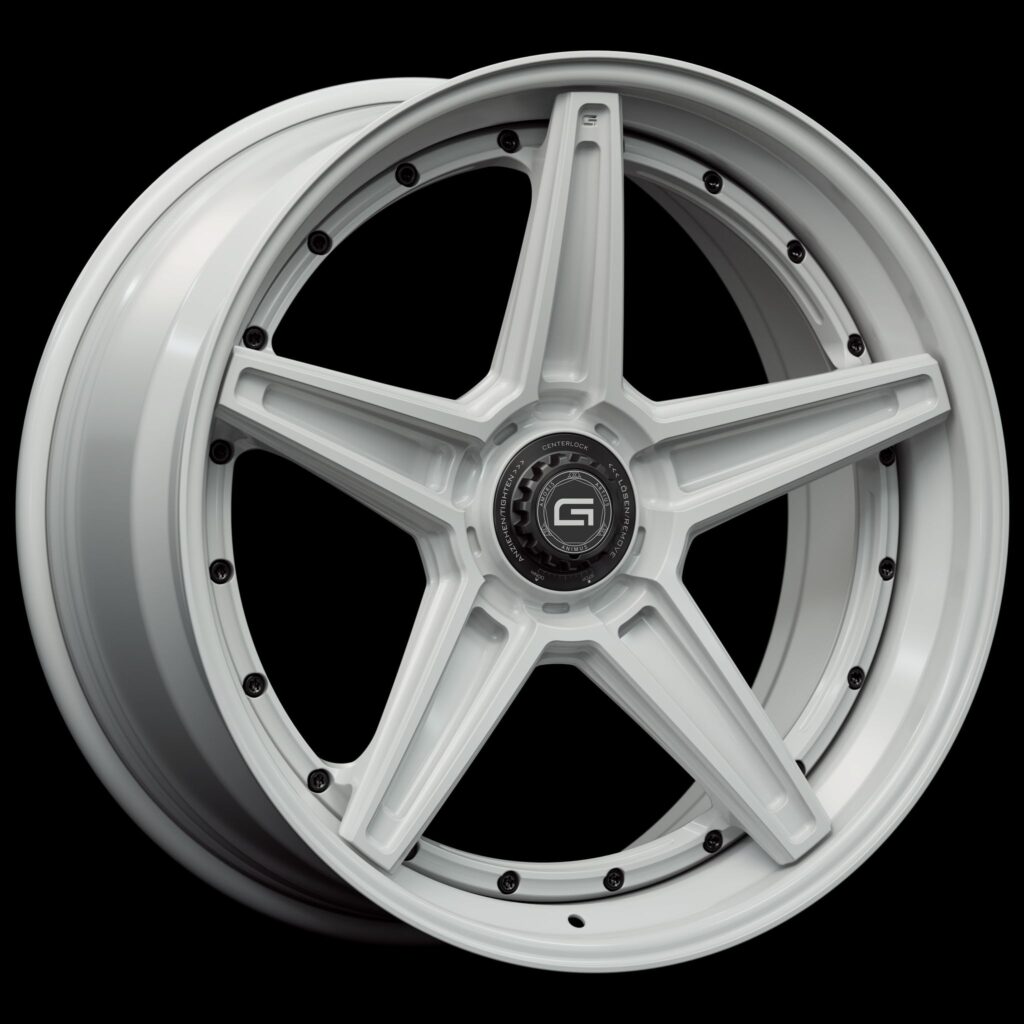 Three-quarter view of a white G52 3-piece flaoting spoke centerlock wheel from Govad Forged Track series