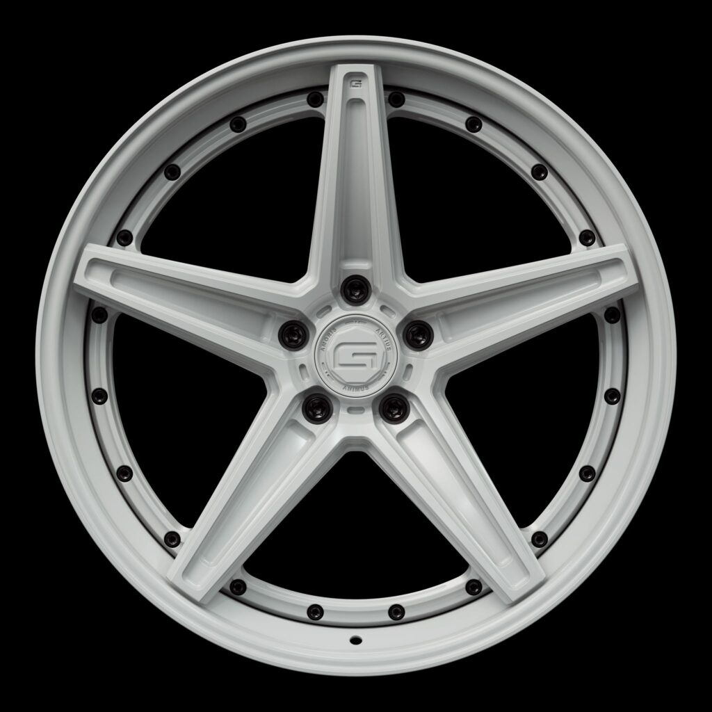Front view of a white G52 3-piece flaoting spoke wheel from Govad Forged Track series