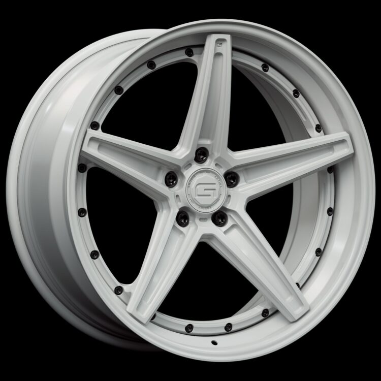 Three-quarter view of a white G52 3-piece flaoting spoke wheel from Govad Forged Track series