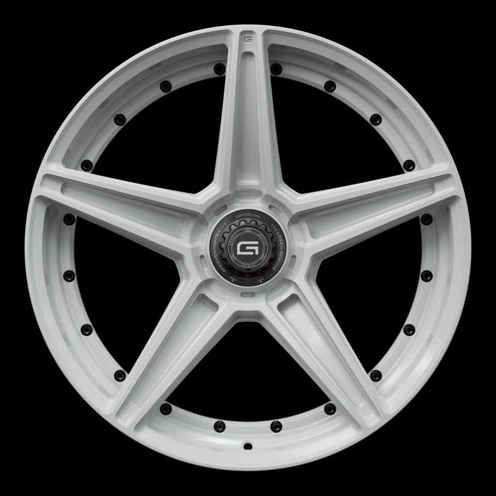 Front view of a white G52 duoblock centerlock wheel from Govad Forged Track series