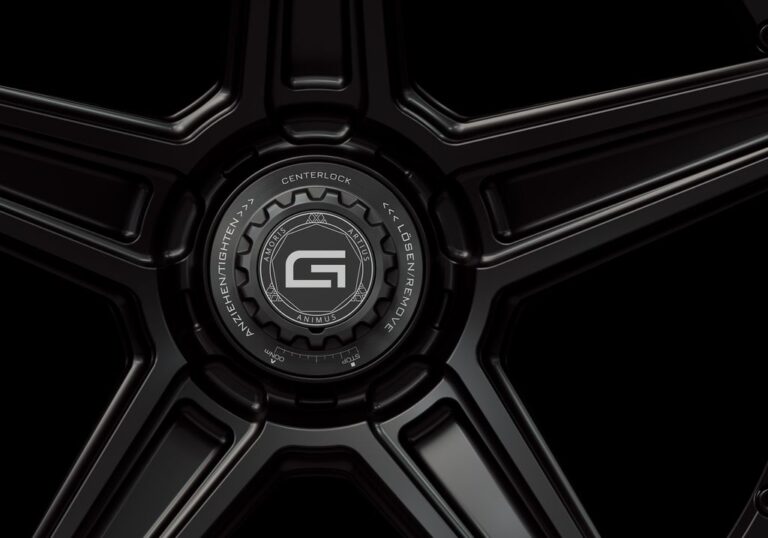 Three-quarter view of a black G52 duoblock centerlock wheel from Govad Forged Track series