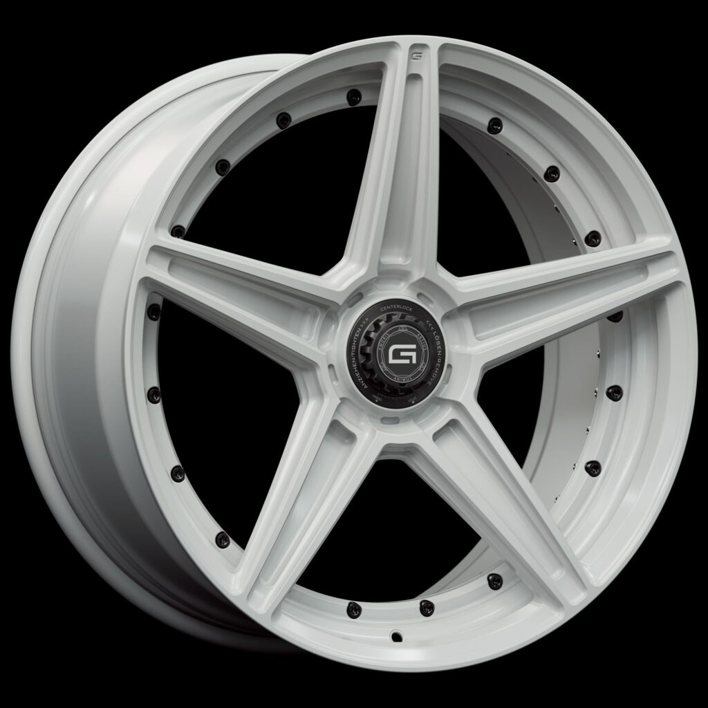 Three-quarter view of a white G52 duoblock centerlock wheel from Govad Forged Track series