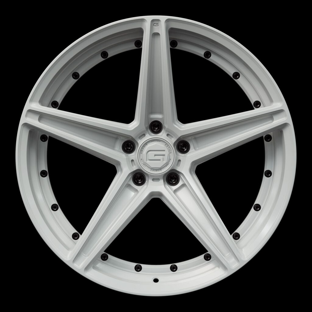 Front view of a white G52 duoblock wheel from Govad Forged Track series