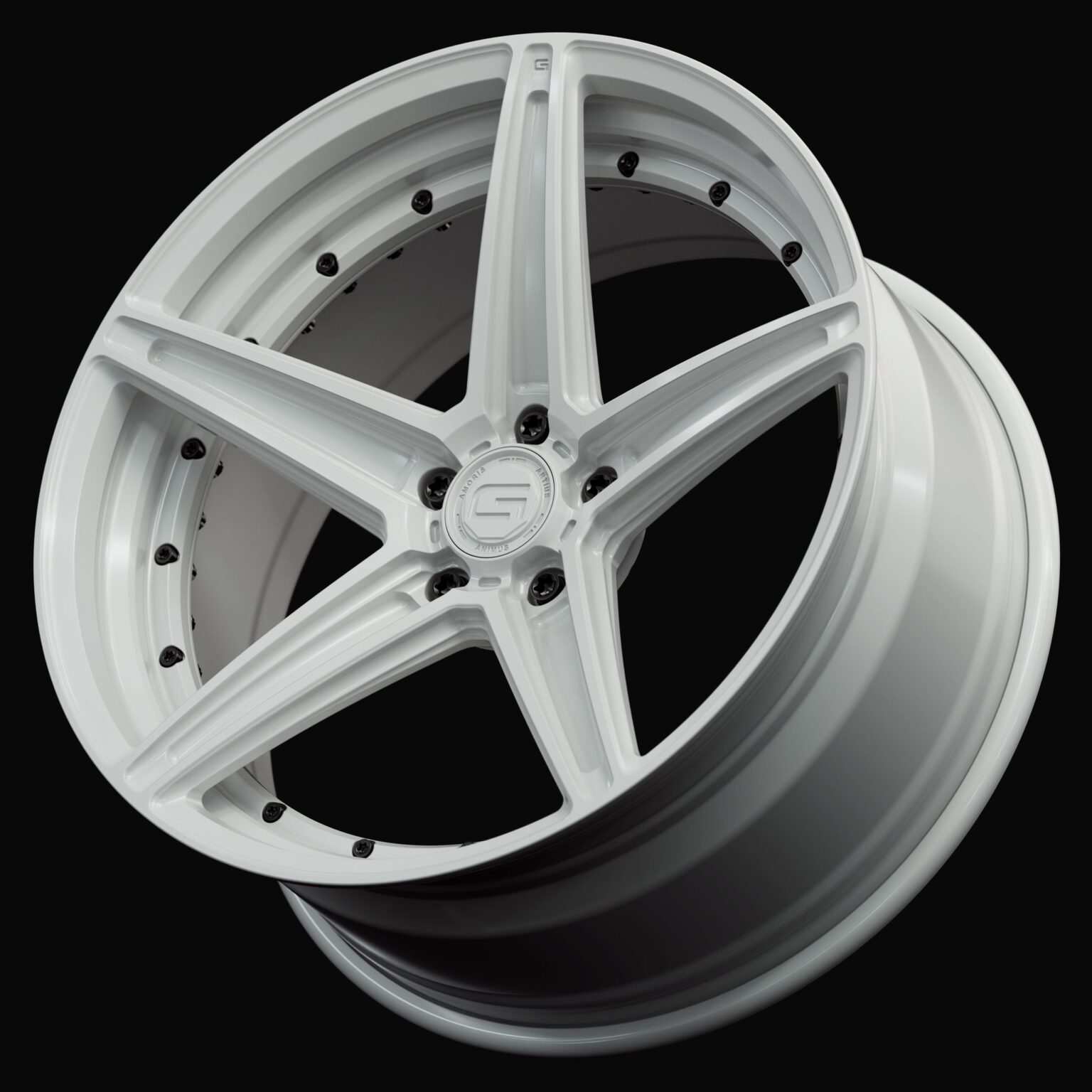Three-quarter view of a white G52 duoblock wheel from Govad Forged Track series