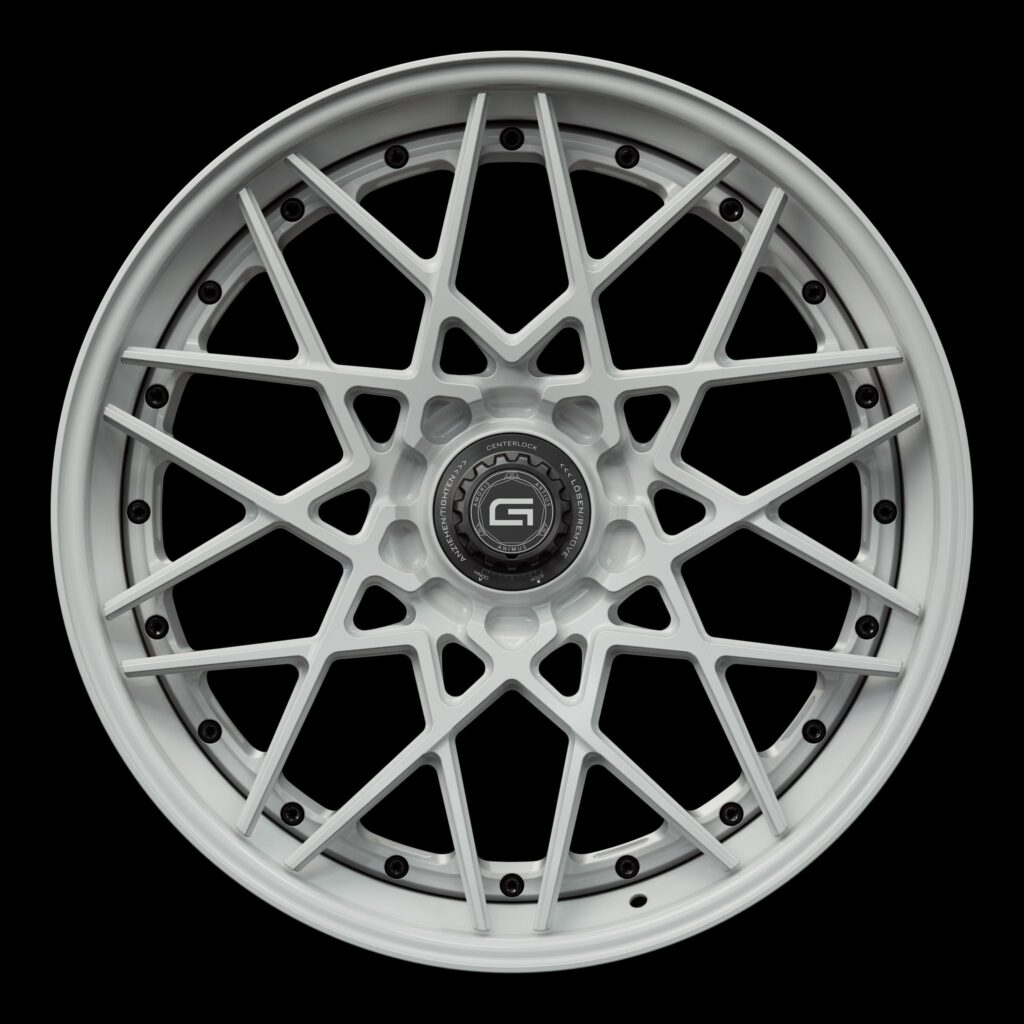 Front view of a white G53 3-piece flaoting spoke centerlock wheel from Govad Forged Track series