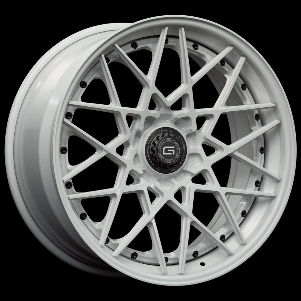 Three-quarter view of a white G53 3-piece flaoting spoke centerlock wheel from Govad Forged Track series