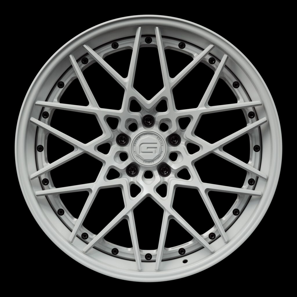 Front view of a white G53 3-piece flaoting spoke wheel from Govad Forged Track series