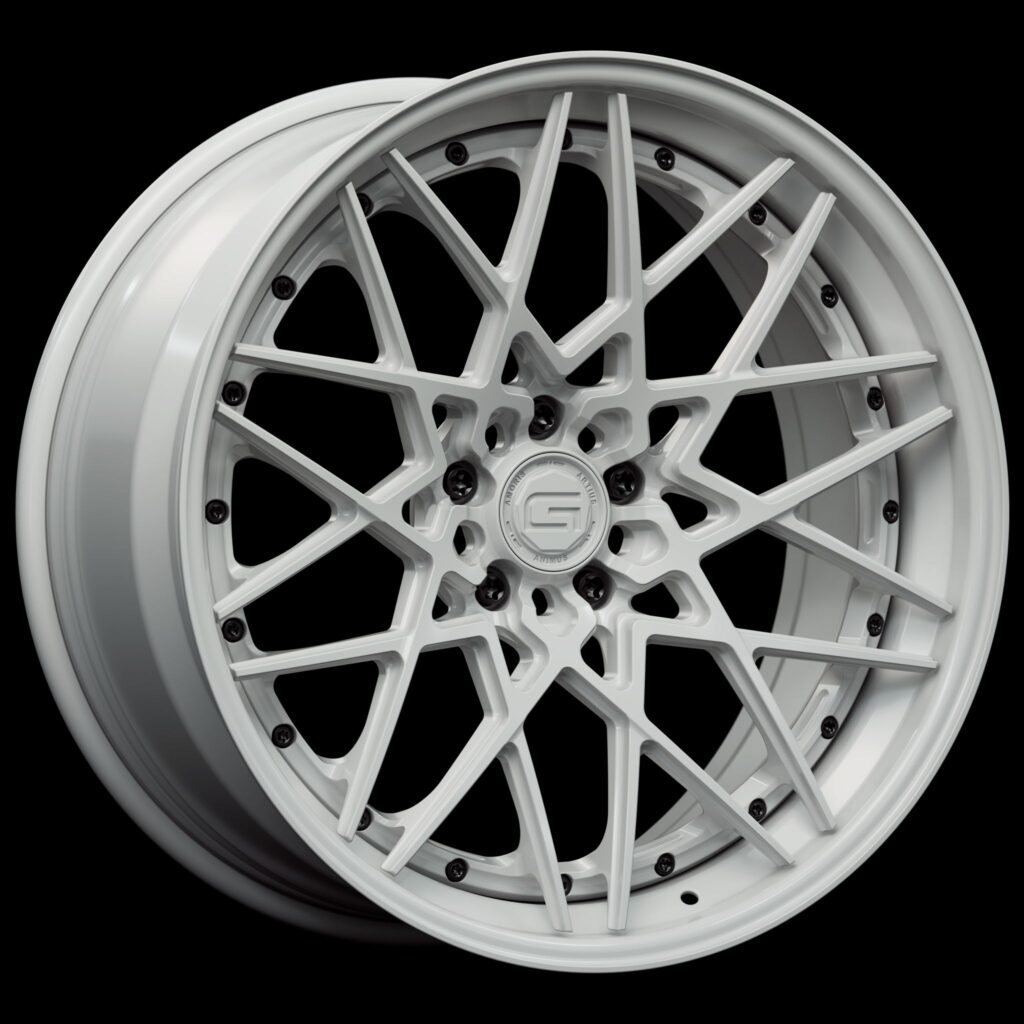 Three-quarter view of a white G53 3-piece flaoting spoke wheel from Govad Forged Track series