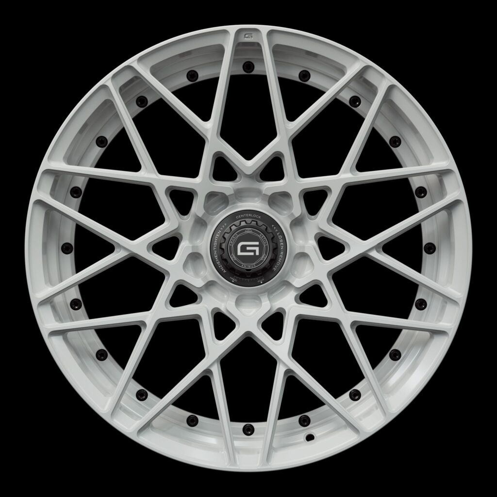 Front view of a white G53 duoblock centerlock wheel from Govad Forged Track series
