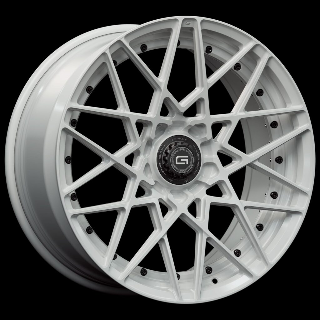 Three-quarter view of a white G53 duoblock centerlock wheel from Govad Forged Track series