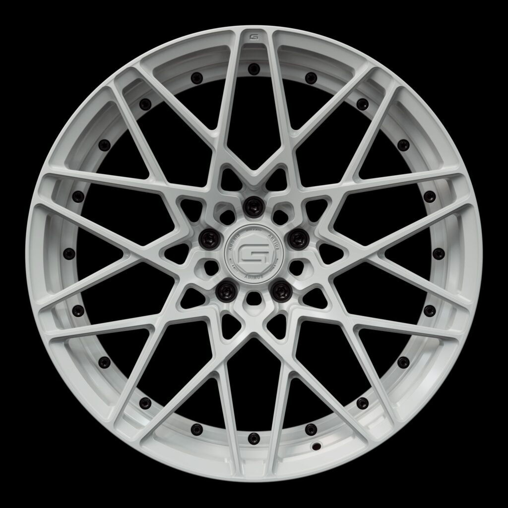 Front view of a white G53 duoblock wheel from Govad Forged Track series