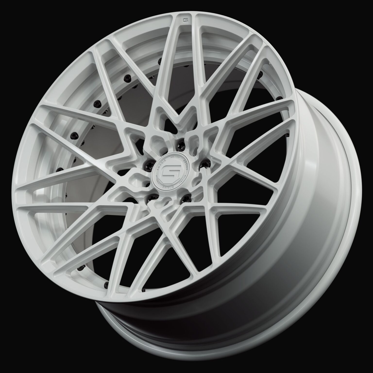 Three-quarter view of a white G53 duoblock wheel from Govad Forged Track series