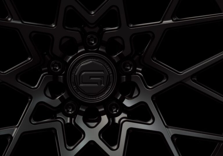 Three-quarter view of a black G53 duoblock wheel from Govad Forged Track series