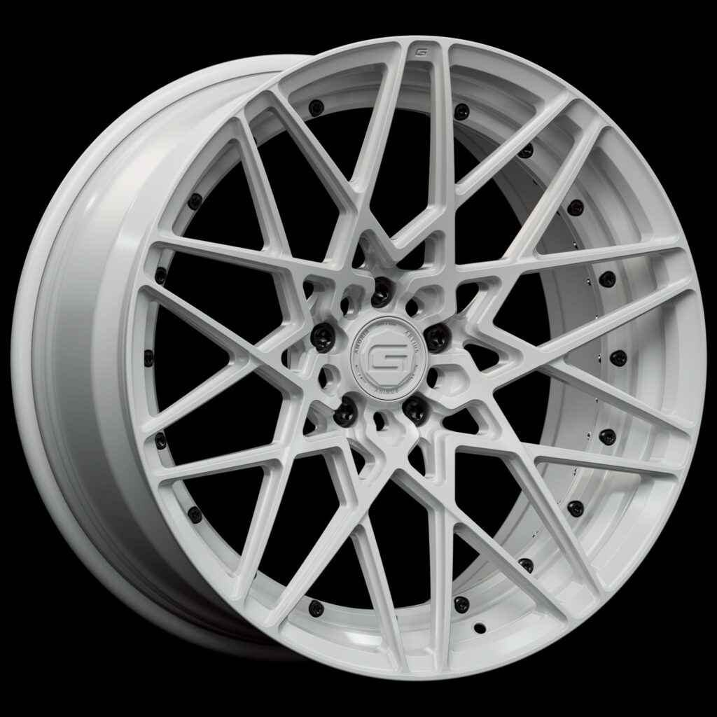Three-quarter view of a white G53 duoblock wheel from Govad Forged Track series