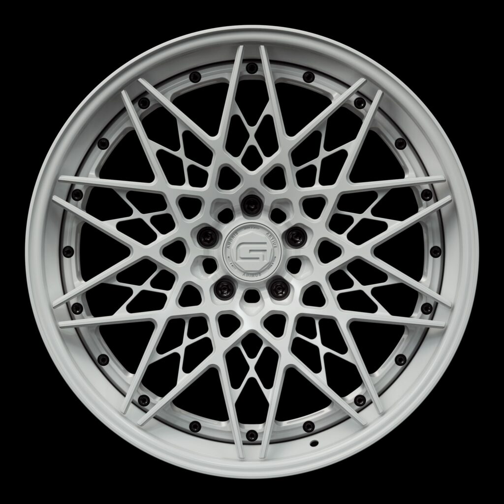 Front view of a white G54 3-piece flaoting spoke wheel from Govad Forged Track series