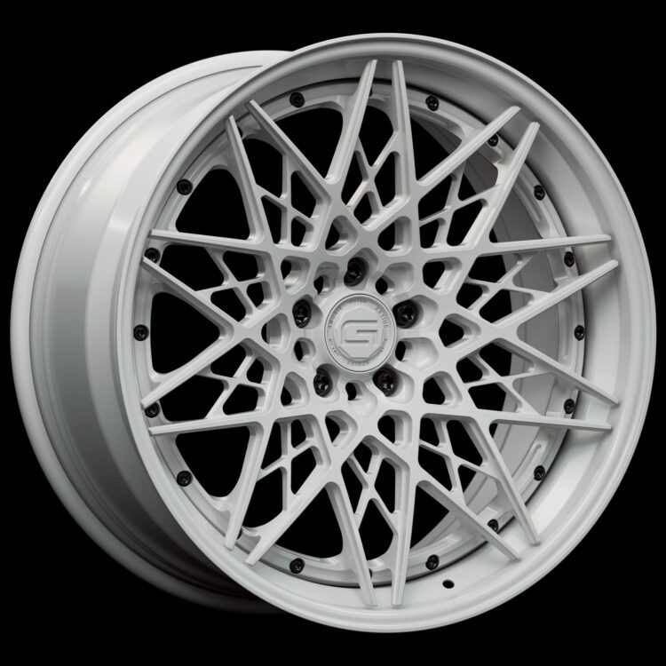 Three-quarter view of a white G54 3-piece flaoting spoke wheel from Govad Forged Track series