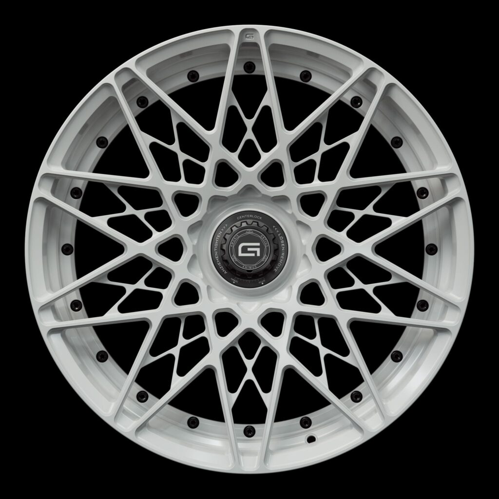 Front view of a white G54 duoblock centerlock wheel from Govad Forged Track series
