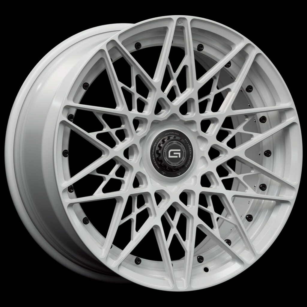 Three-quarter view of a white G54 duoblock centerlock wheel from Govad Forged Track series