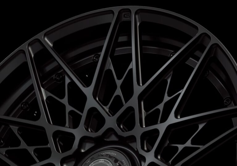 Three-quarter view of a black G54 duoblock centerlock wheel from Govad Forged Track series