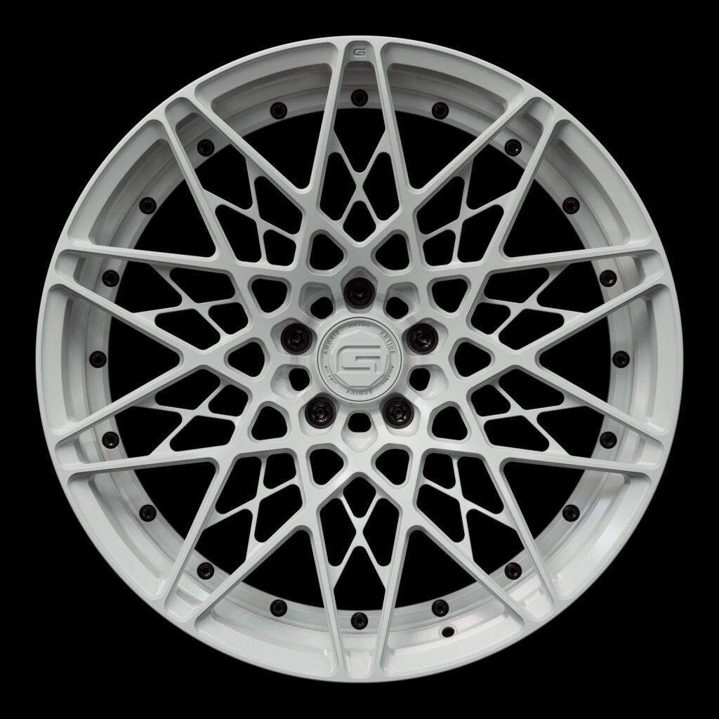 Front view of a white G54 duoblock wheel from Govad Forged Track series