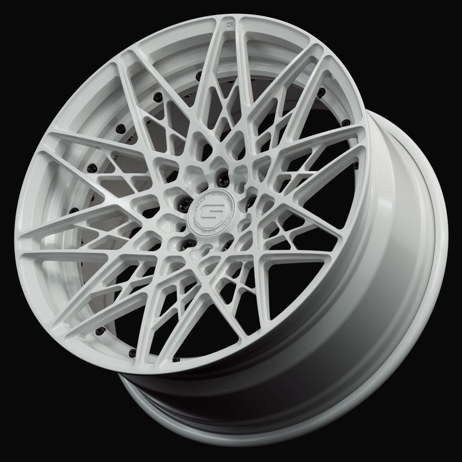 Three-quarter view of a white G54 duoblock wheel from Govad Forged Track series