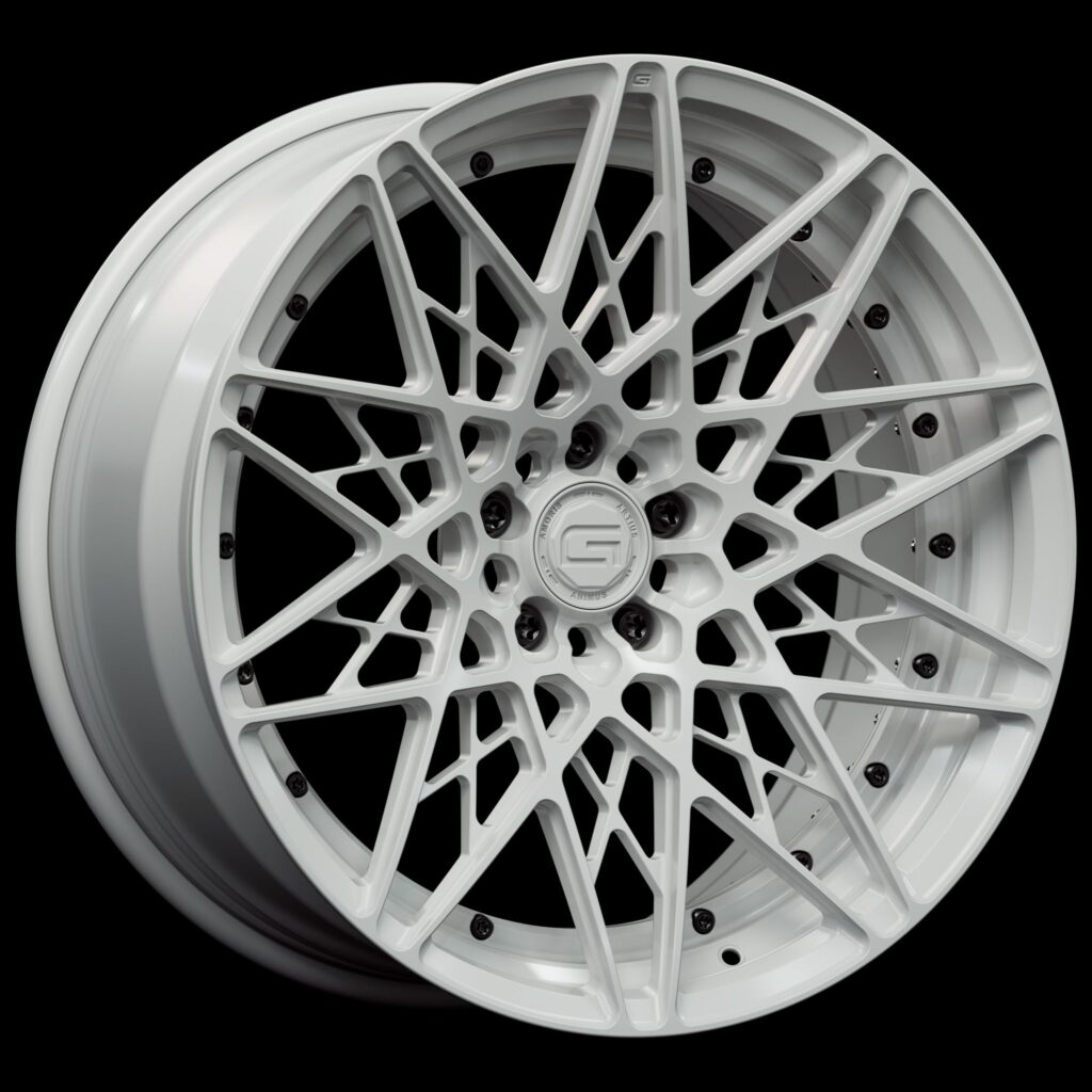 Three-quarter view of a white G54 duoblock wheel from Govad Forged Track series