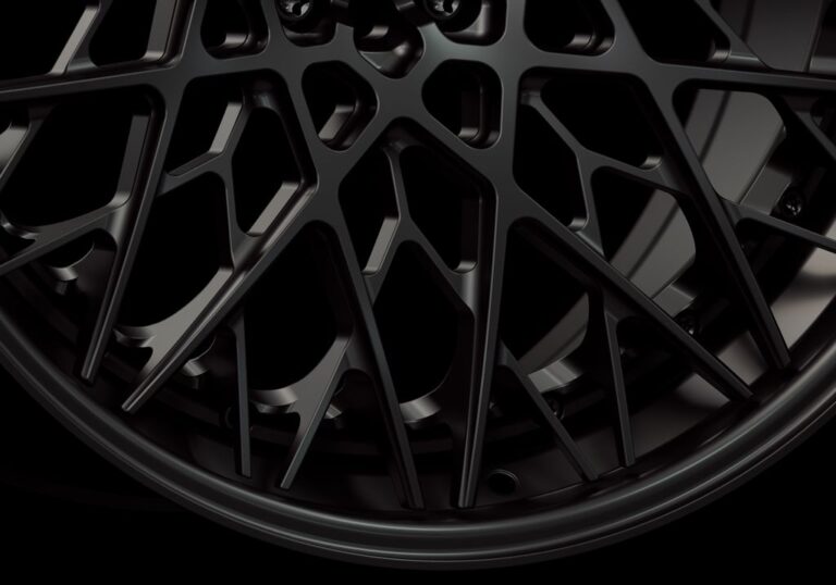 Three-quarter view of a black G55 3-piece flaoting spoke wheel from Govad Forged Track series
