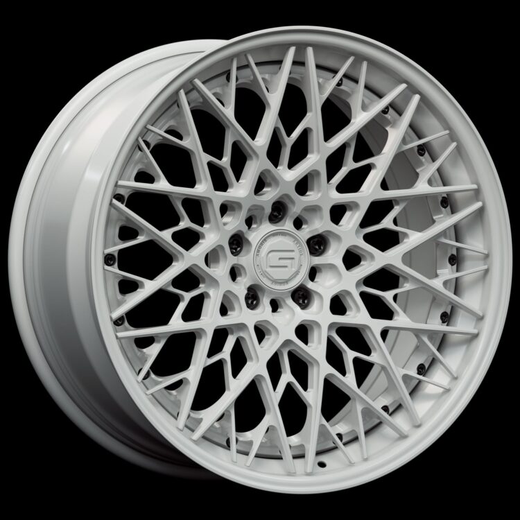 Three-quarter view of a white G55 3-piece flaoting spoke wheel from Govad Forged Track series