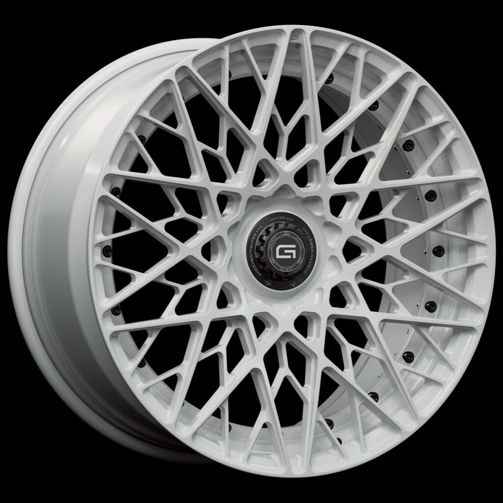Three-quarter view of a white G55 duoblock centerlock wheel from Govad Forged Track series
