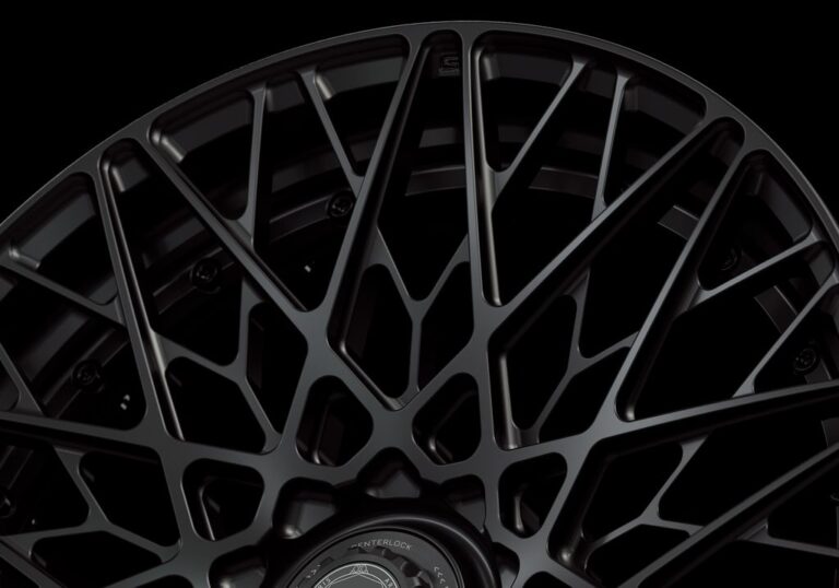 Three-quarter view of a black G55 duoblock centerlock wheel from Govad Forged Track series
