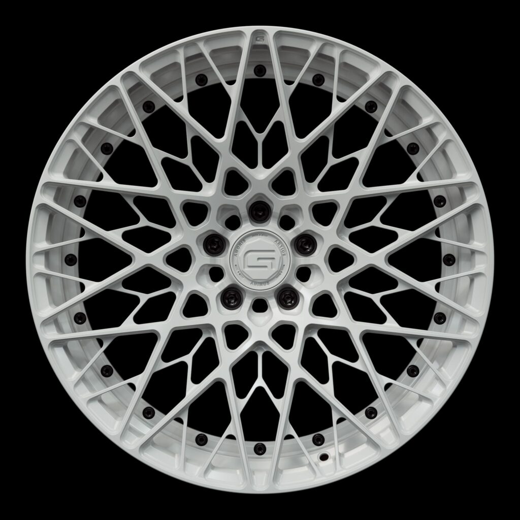 Front view of a white G55 duoblock wheel from Govad Forged Track series