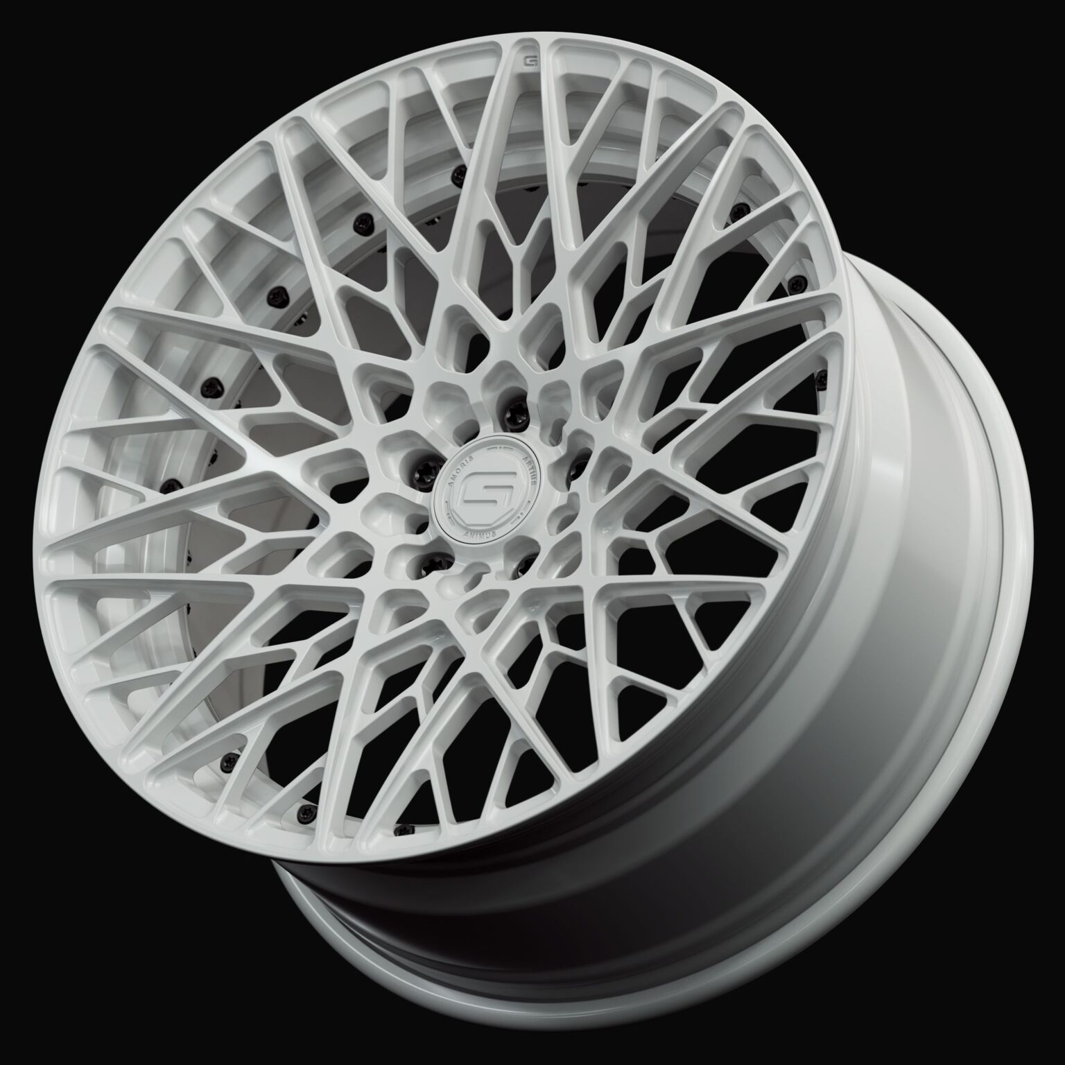 Three-quarter view of a white G55 duoblock wheel from Govad Forged Track series