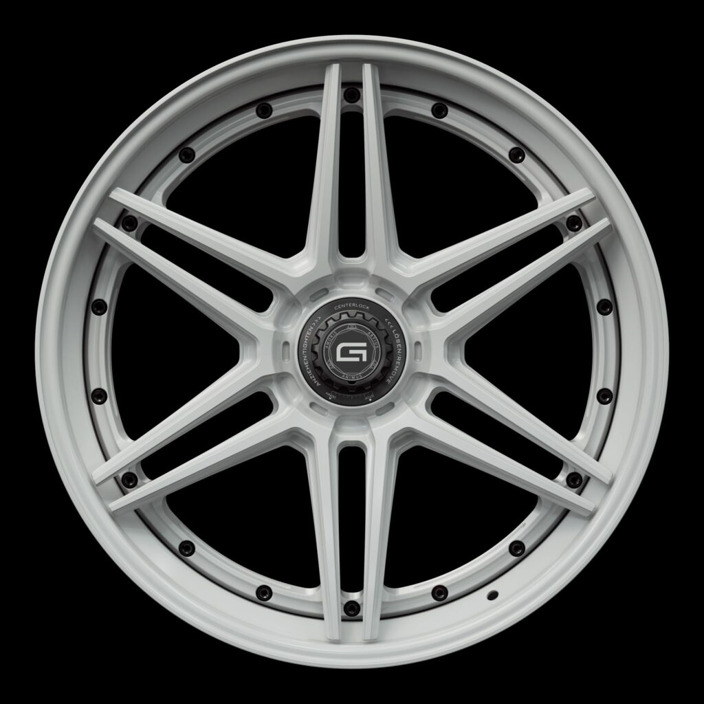 Front view of a white G56 3-piece flaoting spoke centerlock wheel from Govad Forged Track series