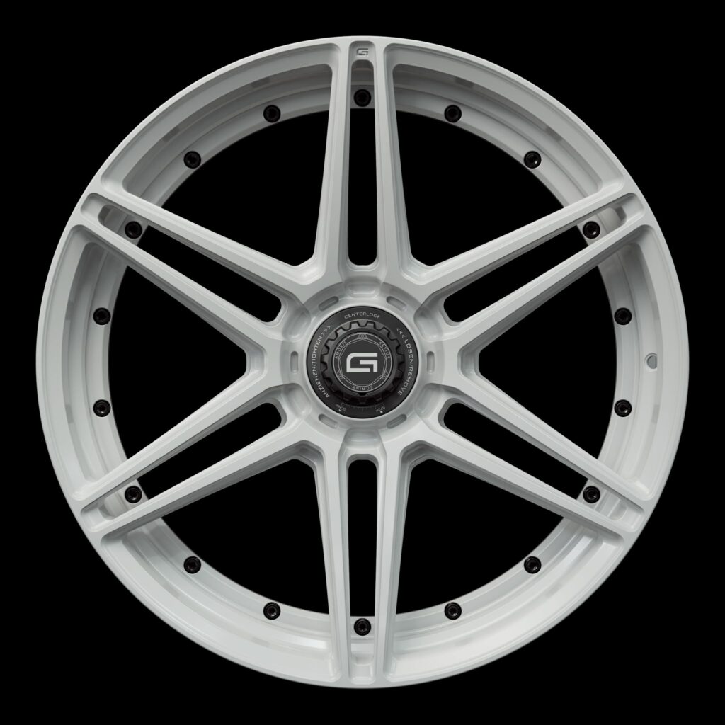 Front view of a white G56 duoblock centerlock wheel from Govad Forged Track series