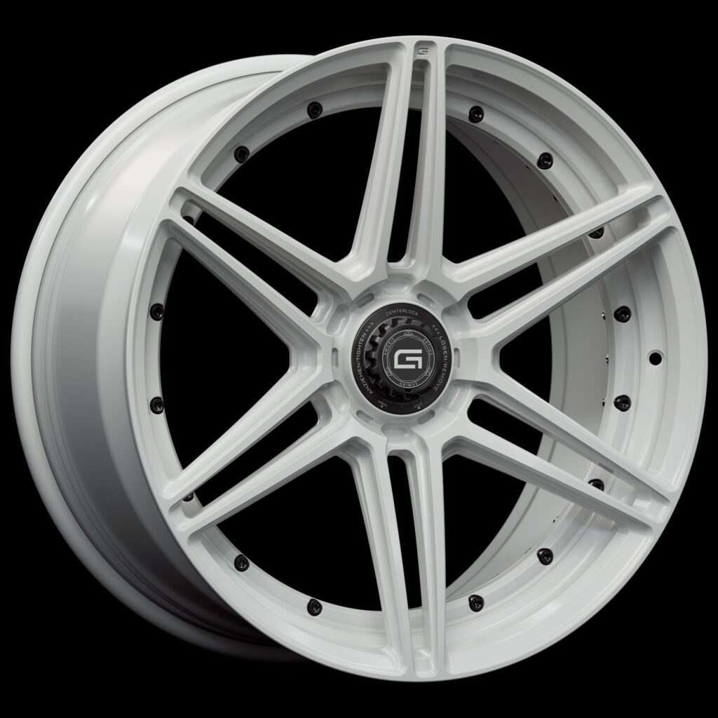 Three-quarter view of a white G56 duoblock centerlock wheel from Govad Forged Track series