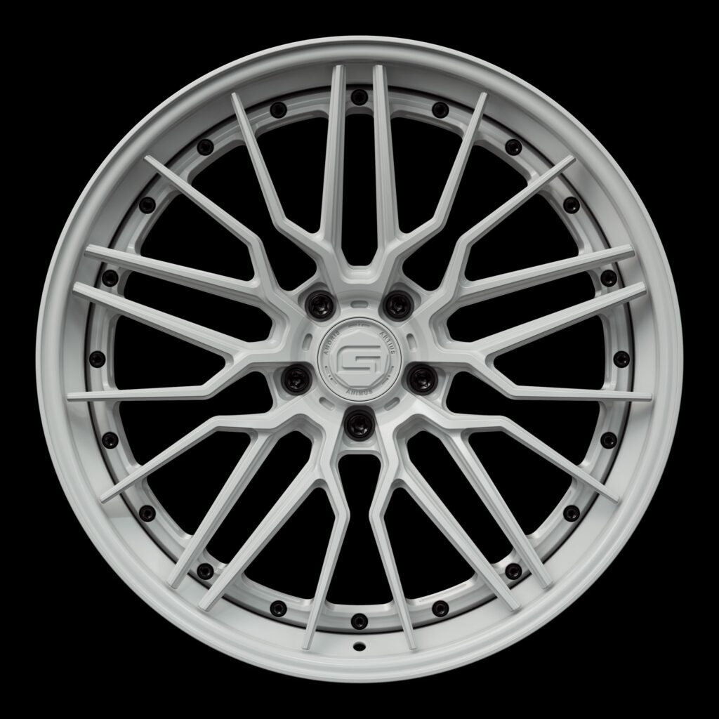 Front view of a white G57 3-piece flaoting spoke wheel from Govad Forged Track series