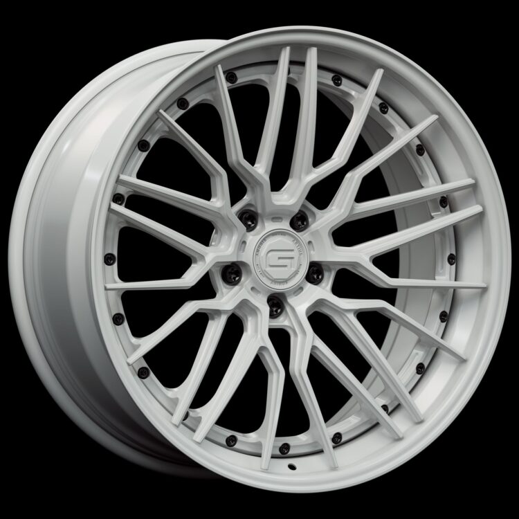 Three-quarter view of a white G57 3-piece flaoting spoke wheel from Govad Forged Track series