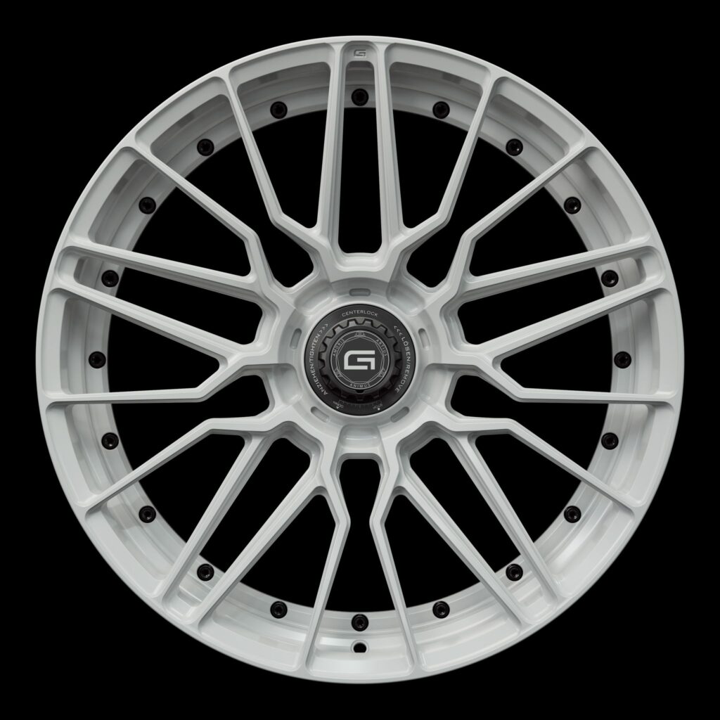 Front view of a white G57 duoblock centerlock wheel from Govad Forged Track series