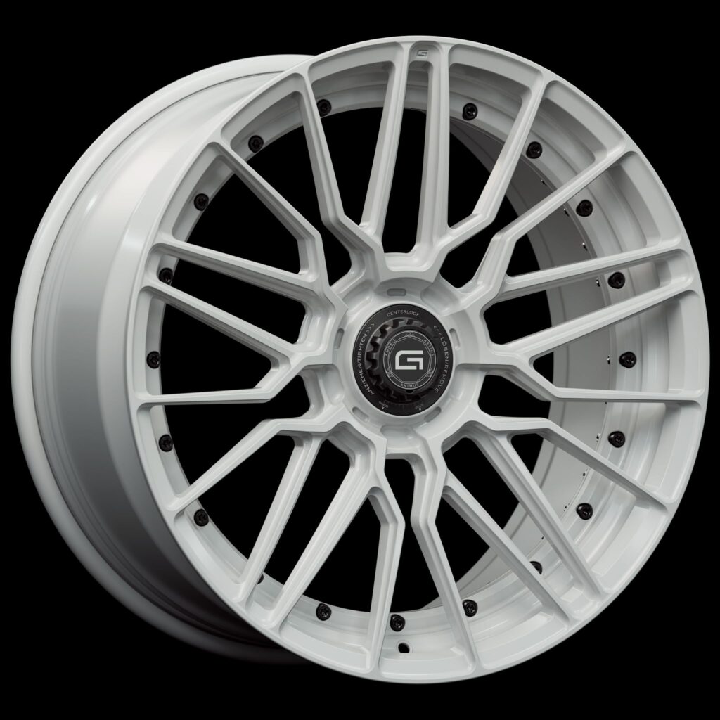 Three-quarter view of a white G57 duoblock centerlock wheel from Govad Forged Track series