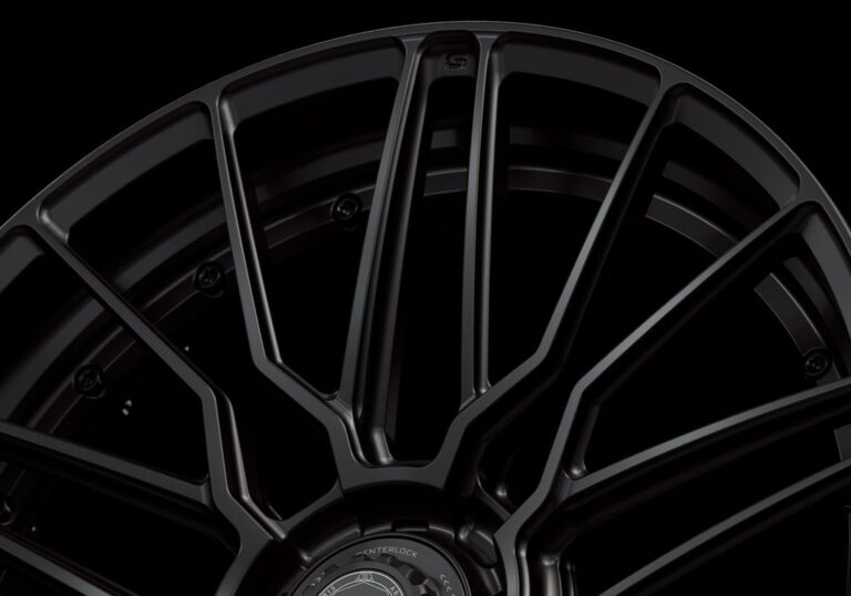 Three-quarter view of a black G57 duoblock centerlock wheel from Govad Forged Track series