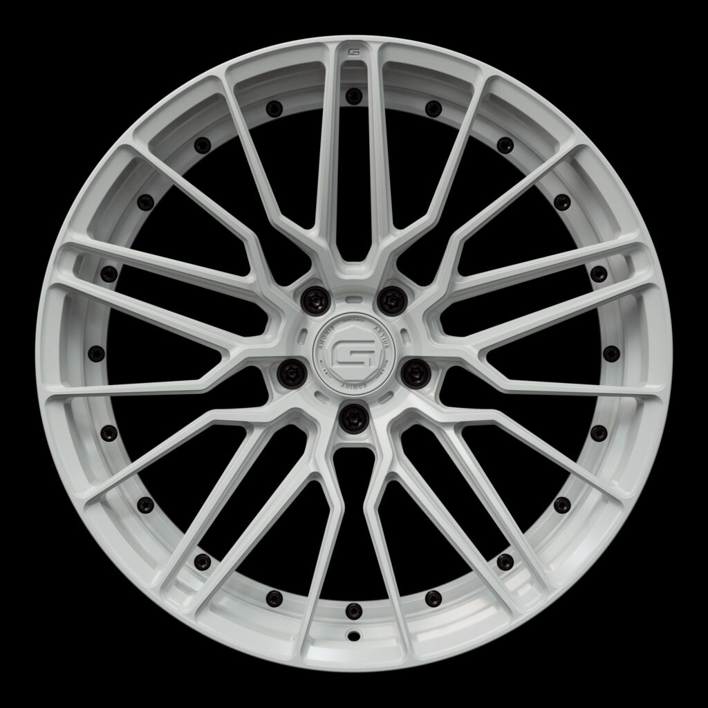 Front view of a white G57 duoblock wheel from Govad Forged Track series