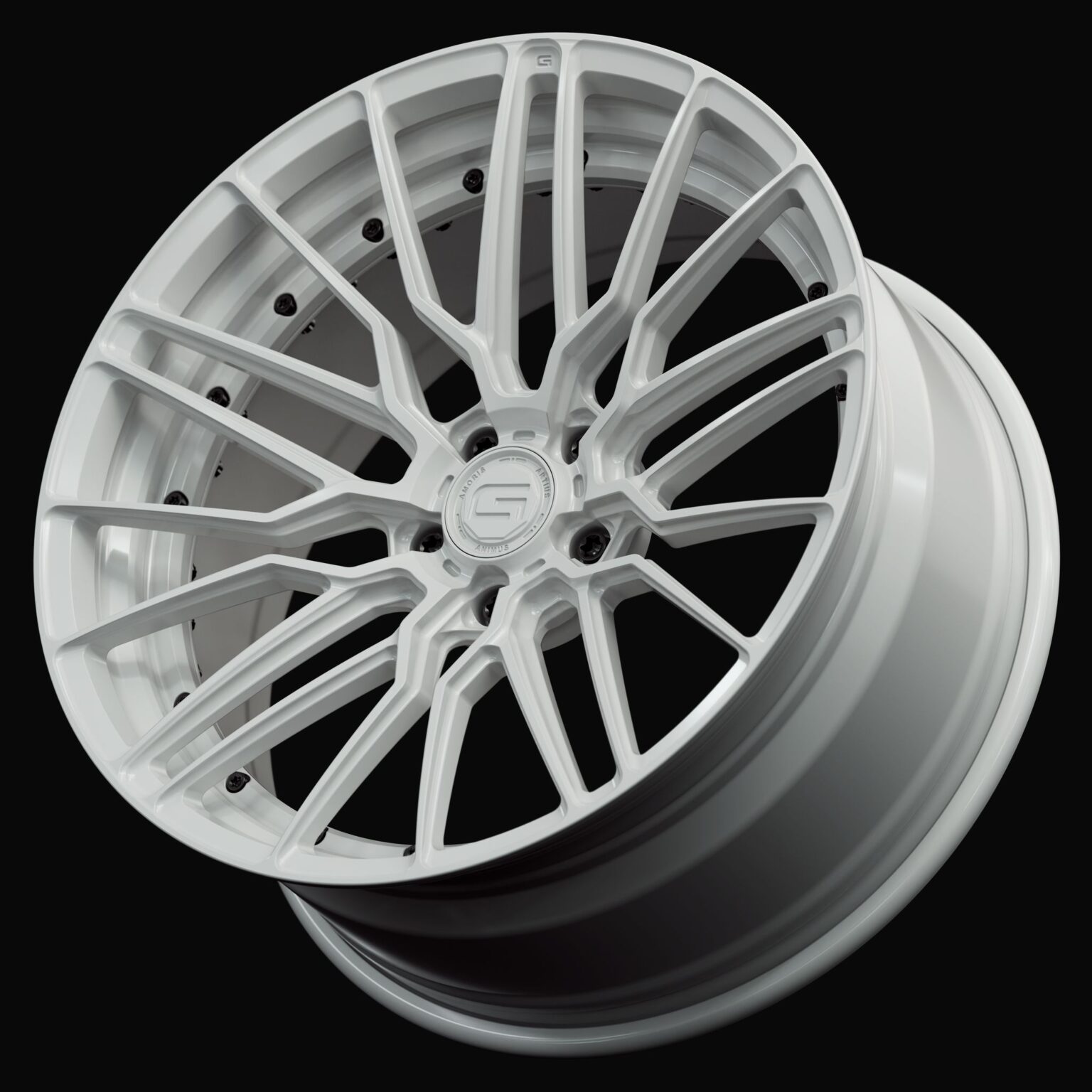 Three-quarter view of a white G57 duoblock wheel from Govad Forged Track series
