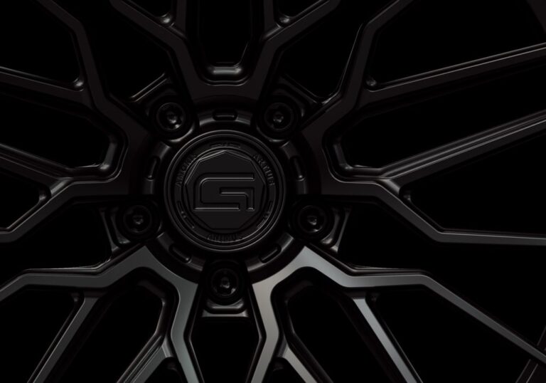 Three-quarter view of a black G57 duoblock wheel from Govad Forged Track series