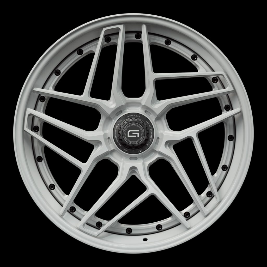 Front view of a white G58 3-piece flaoting spoke centerlock wheel from Govad Forged Track series