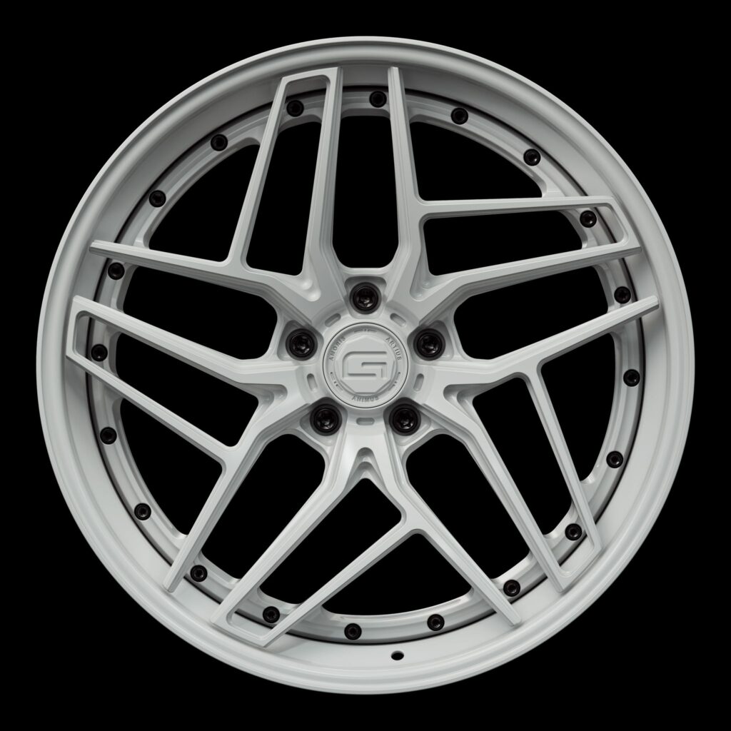 Front view of a white G58 3-piece flaoting spoke wheel from Govad Forged Track series